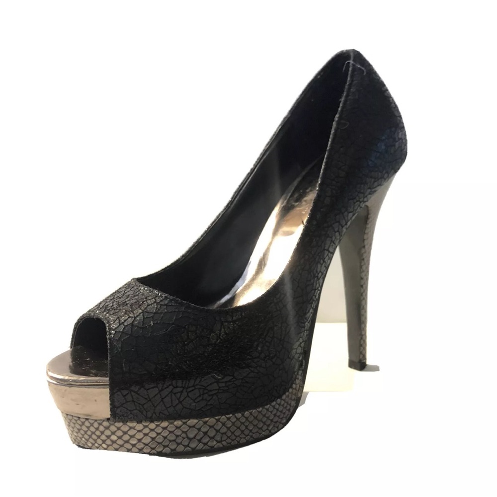 LILIANA Womens Metallic Black Gray Sexy Snakeskin Print Platform Peeptoe Pumps 7